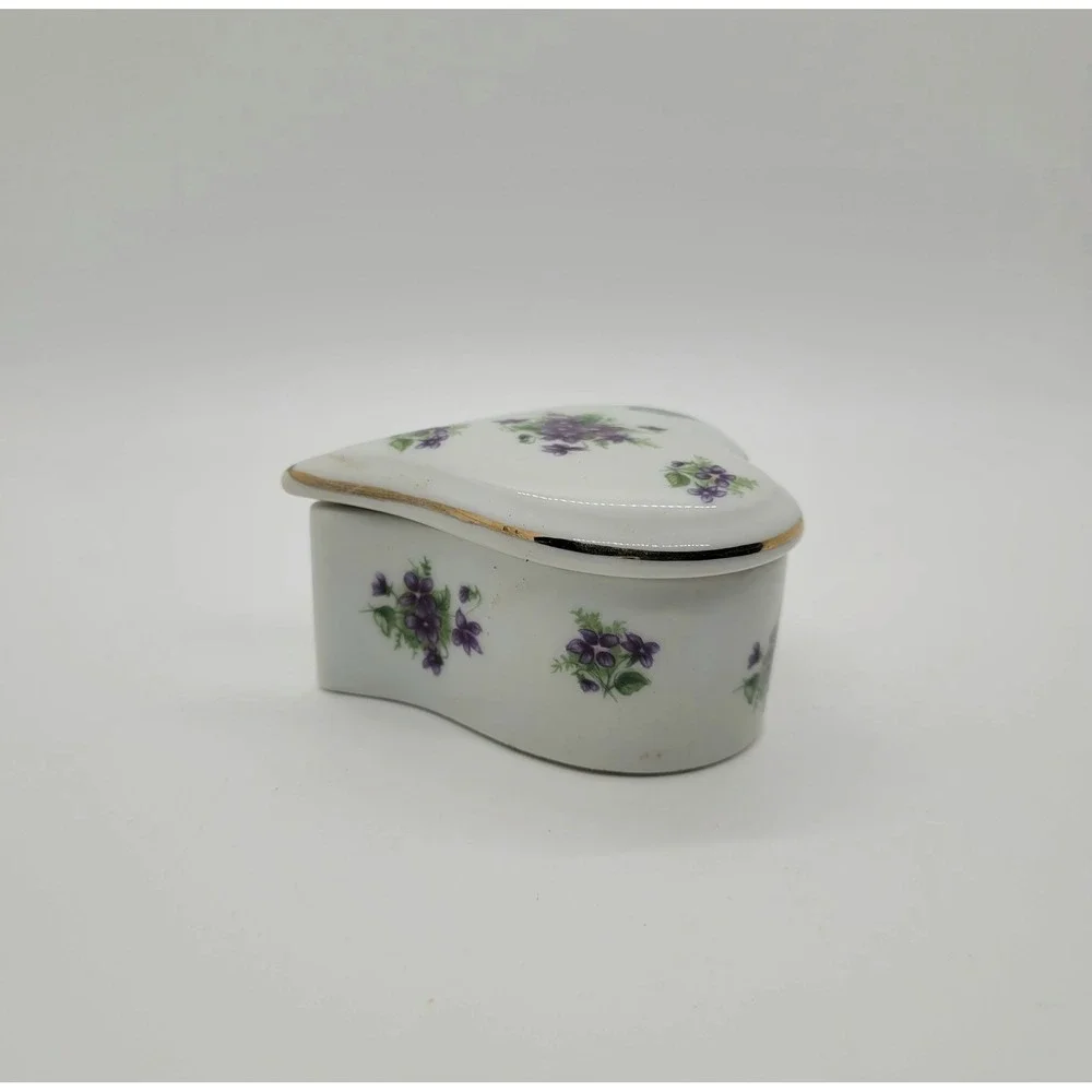 Lefton China Heart Trinket Box Purple‎ Violets Gold Trim Vintage 1946 Japan